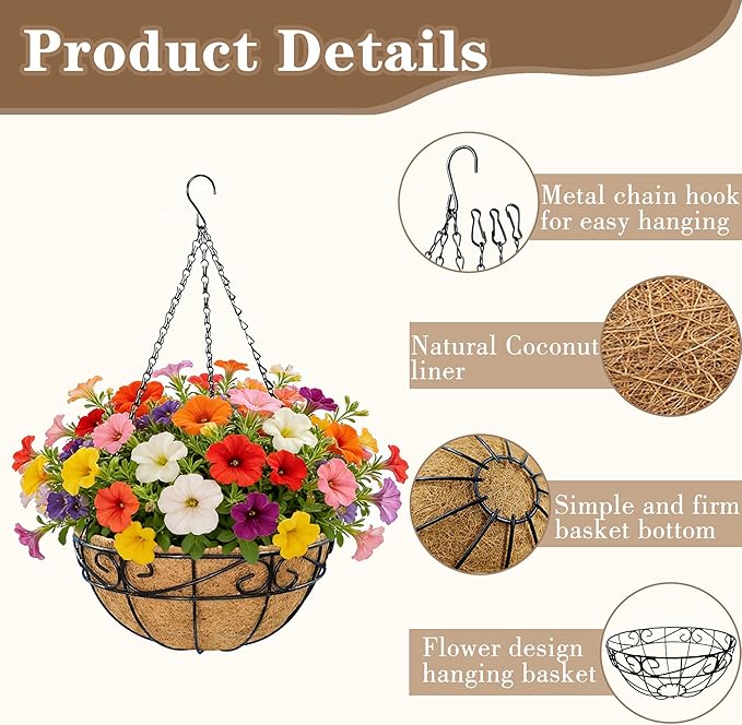 EIMQUVW 4 Pack Outdoor Patio Hanging Baskets 12 Inch Chain Link Round Metal Hanging Planters with Coco Liner Wire Flower Pots Suitable for Balconies Porches Gardens and Windowsills