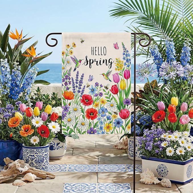 Spring Summer Floral Welcome Garden Flag Hello Spring Tulip Lavender Garden Flag 12x18 Inch Double Sided 12x18 Inch Double-Sided Linen Holiday Outdoor Yard Decorative Flag
