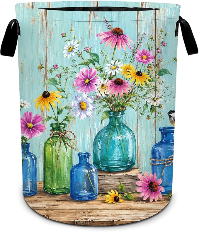 Flower Vase Laundry Hamper with Reinforced Handles Oxford Fabric Laundry Basket Large Clothes Storage Bin for Bedroom Bathroom Dorm Room 19.6 x 15.7 Inches
