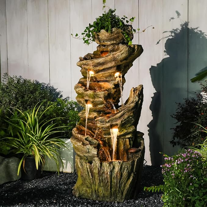 Sunlinua 55" H Outdoor Water Fountain 7-Tiers Large Cascading Imitative Wood Natural Waterfall Outdoor Fountains Resin Floor Standing Foutain with LED Lights for Garden, Patio, Porch