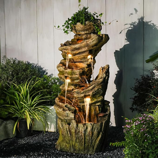 Sunlinua 55" H Outdoor Water Fountain 7-Tiers Large Cascading Imitative Wood Natural Waterfall Outdoor Fountains Resin Floor Standing Foutain with LED Lights for Garden, Patio, Porch