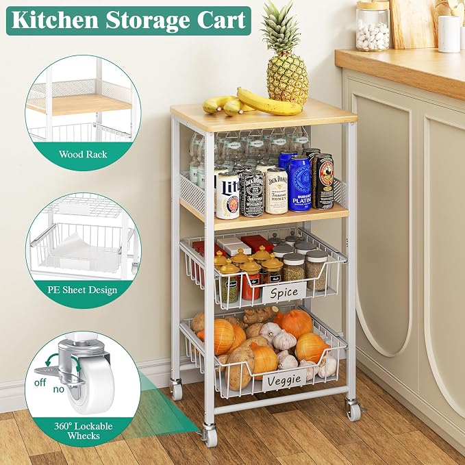 Giwil 4-Tier Fruit Vegetable Storage Cart Rolling Kitchen Cart with Drawer