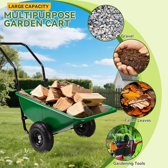 Foldable Handle 2 Wheel Garden Cart with 10" Pneumatic Tires-Heavy Duty Yard Wagon for Soil,Mulch,Plants,Easy Storage,High Stability&Quick Assembly(Green)