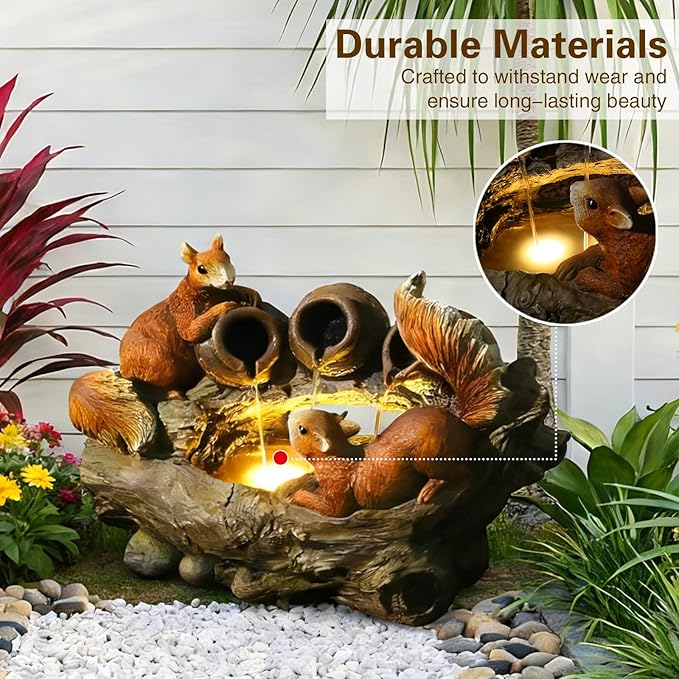 Sunlinua 24" L Squirrel Outdoor Water Fountain, Decorative Resin Water Fountain with LED Lights, Garden Waterfall Fountains Indoor and Outdoor for Patio, Porch, Courtyard, Home Decor