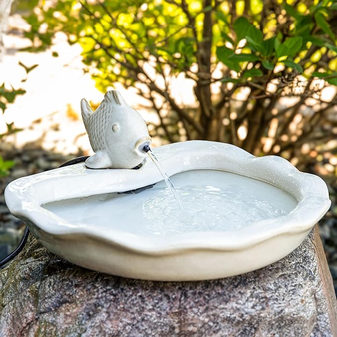Sunnydaze Glazed Ceramic Fish 7-Inch Outdoor Garden Fountain - Outdoor Tabletop Fountain for Patio, Deck, Garden - White