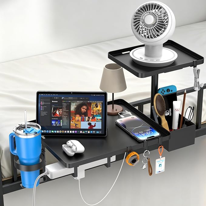 Bedside Shelf Metal Shelf for Dorm Room Clip On (Black) | 2-Tire Fan Shelf College Dorm Room Essentials, Bunk Bed Space Saving Nightstand For Loft Beds With Removable Cup & Holder