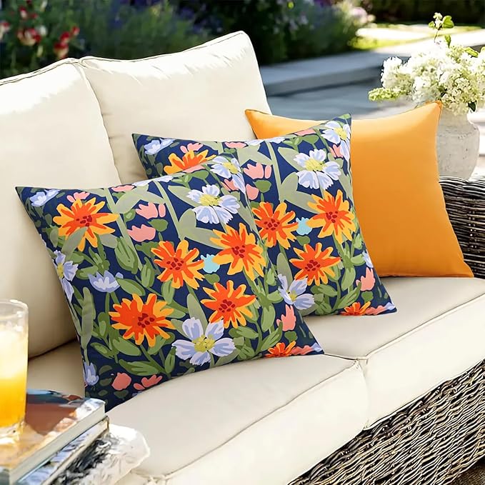 Pyonic Spring Summer Floral Outdoor Pillow Covers 18x18 inch Waterproof Throw Pillow Covers Outdoor Pillows for Patio Furniture Garden Bench Porch,Navy