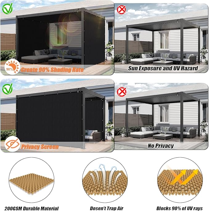 KANAGAWA 90% Sun Shade Cloth 17'X21' Custom Sizes Outdoor Porch Pergola Shade Cover Canopy with Grommets UV Block Privacy Screen for Patio Black