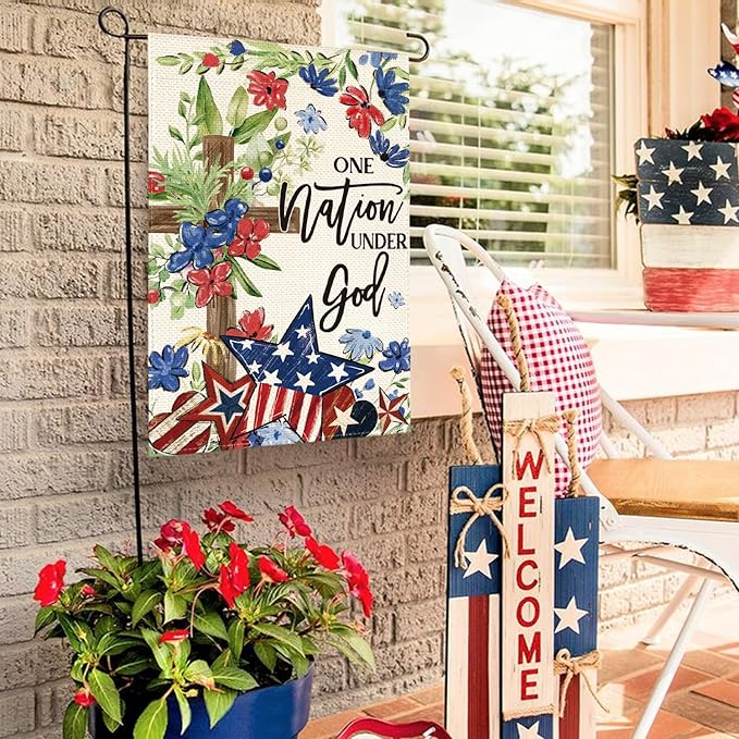 AVOIN colorlife Memorial Day Patriotic 4th of July Garden Flag 12x18 Inch Double Sided Outside, Flowers Cross Yard Outdoor Decoration