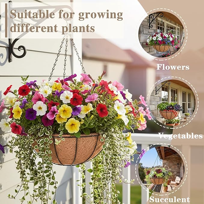 EIMQUVW 2 Pack Black Metal Round Hanging Basket 12 Inch Decorative Outdoor Coconut Fiber Planter with Chain Classic Hanging Flower Pots are Ideal for Gardens Patios Porches and Vertical Planting