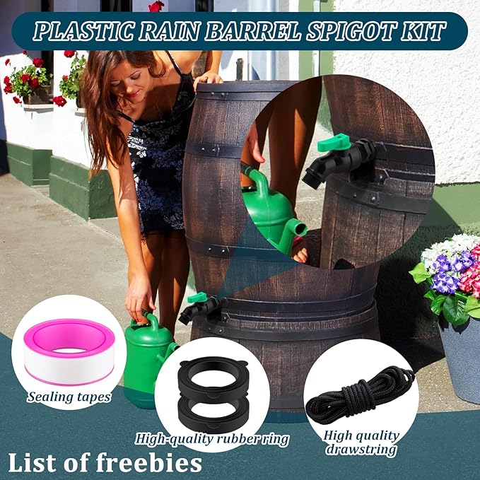 Plastics Rain Barrel Spigot Kit High Flow Valve Core Water Tank Faucet+PVC Bulkhead Fitting 1/2" NPT to 3/4" GHT Rain Barrel Spigot for Plastic Bucket Rainwater Drum Container Downspout Collector in