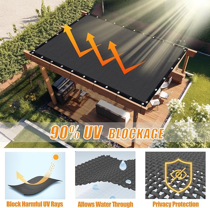 KANAGAWA 90% Sun Shade Cloth 10'X 10' Outdoor Pergola Shade Cover Canopy with Grommets UV Block Privacy Screen for Patio, Backyards, Outdoor, Carport, Garden, Dark Gray