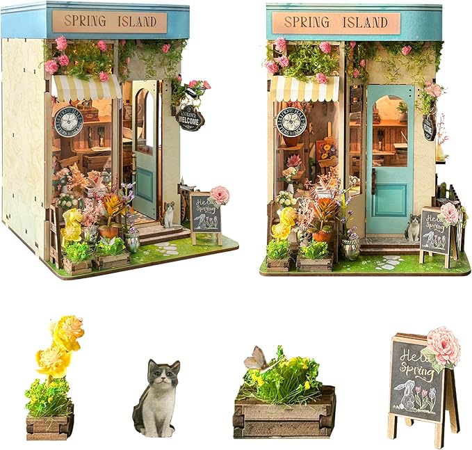 Book Nook Kit - DIY Miniature House Kit for Adults, Teens & Beginners, Spring Flower Shop Dollhouse Booknook Tiny House Bookshelf Decor 3D Wooden Puzzle, Gifts for Family, Friends