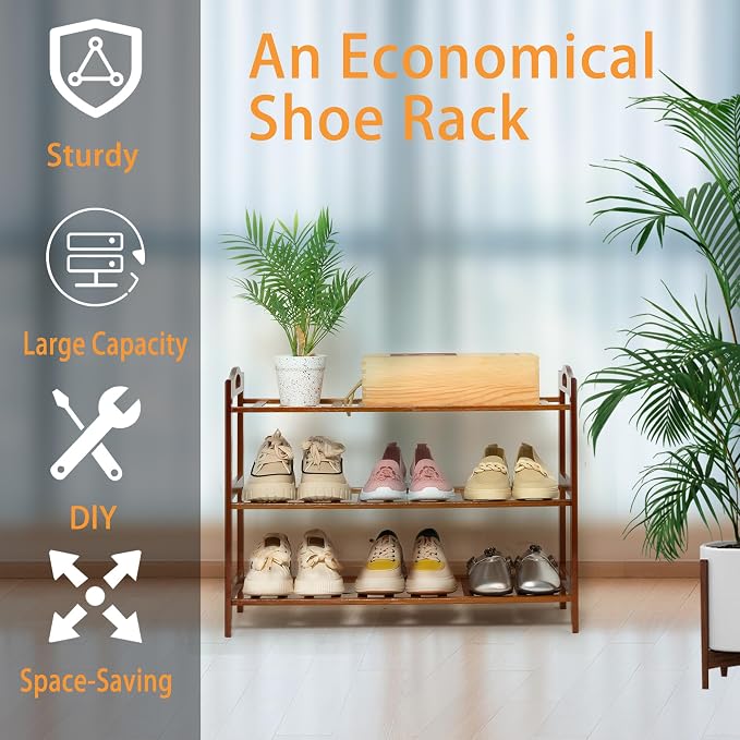 3 Tier Bamboo Shoe Rack, Shoe Shelf Shoes Rack Shoe Organizer for Closet, Entryway, Bedroom, Living Room, Front Door, Studio, Bathroom