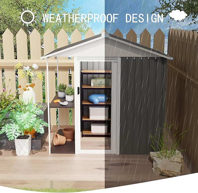 6'x4' Outdoor Storage Shed with External Rack AMD Shelves, Heavy Duty Metal 2-in-1 Garden Tool Buliding Shed with 1.3'x3.7' Open Side Storage Area for Bike, Lawn, Patio, Backyard