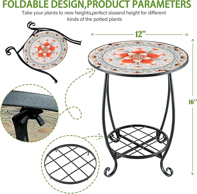 Arbuxzuy 12 Inch Small Outdoor Side Table with Colorful Flowers, Glass Mosaic Patio Table Indoor, Round Plant Coffee Table for Living Room, Balcony, Garden（Pink Flowers Style）