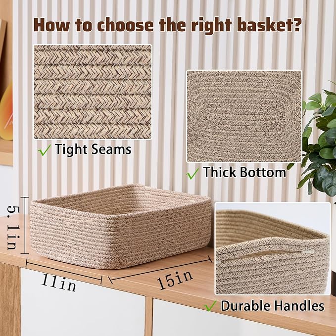 MiniArk Large Shallow Organizing Baskets 15x11x5.1 Inches - Rope Woven Storage Bins for Bathroom, Shelves, Cube Closet, Mixed Brown 2 Packs