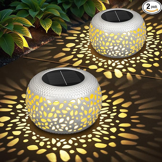 Solar Lanterns Outdoor Waterproof: 2 Pack White Hollow Out Metal Solar Lights - 2 Lighting Colors Outside Garden Yard Porch Indoor Tabletop Retro Decorations - Unique Gifts for Women Mom Wife