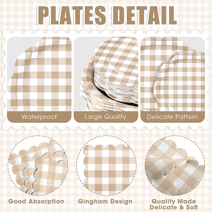 Funnymoom 400 Pcs Gingham Party Supplies for 50 Guests Khaki and White Paper Plates and Napkins Knives Spoons Forks Cups Disposable Checkered Dinner Party Set Cutlery for Baby Shower Wedding Favor