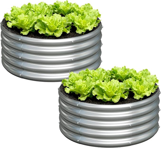 Foxlang 2x2x1ft(2 Pack) Galvanized Round Raised Garden Bed,Outdoor Planter Box Metal Patio Kit Planting Bed for Vegetables Flowers Herb,Silver