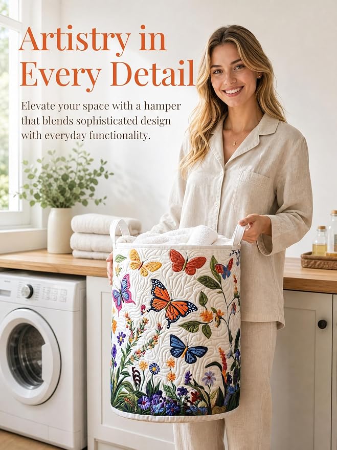 Quilted Laundry Basket with Handles, Boho Floral Quilted Storage Hamper, Large Capacity Laundry Hamper for Nursery Bedroom Laundry Room Home Decor (Pattern 06, Large (28"H x 20"W x 20"L))