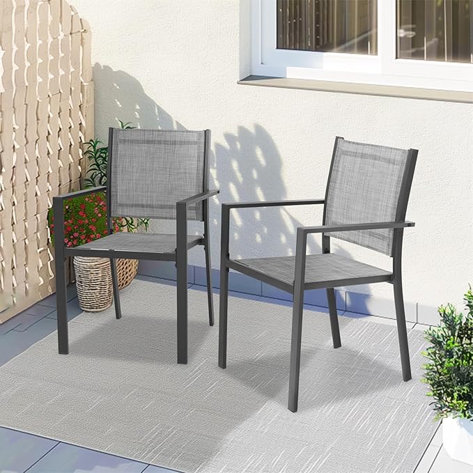 Patio Dining Chairs, All-Weather High-Resilience Textilene Outdoor Dining Chair Set of 2, Heavy-Duty Stackable Minimalist Outdoor Chairs with Armrest, Patio Chairs for Lawn Deck Pool, Grey