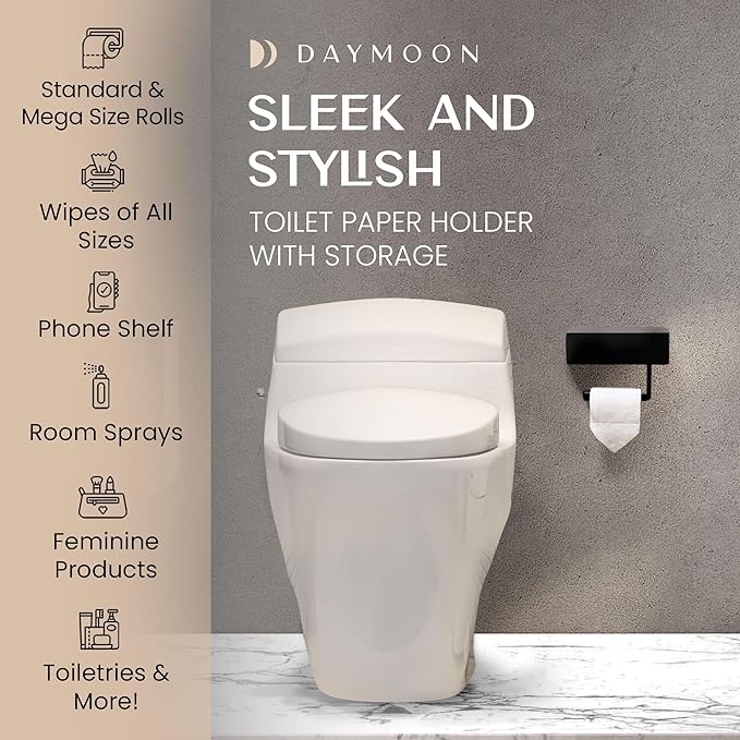 Day Moon™ Matte Black Toilet Paper Holder with Shelf & Wipe Storage, Bathroom Roll Holder with Built-in Wipe & Tampon Holder, Wall Mounted Flushable Wipe Dispenser