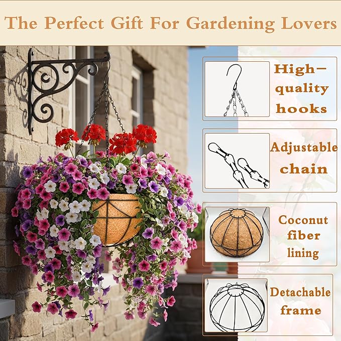 2 Pack 12" Round Metal Hanging Basket for Outdoor Plants Durable Large Hanging Planter with Coco Coir Round Plant Holders Planter for Outside Garden Decoration (Geometric)