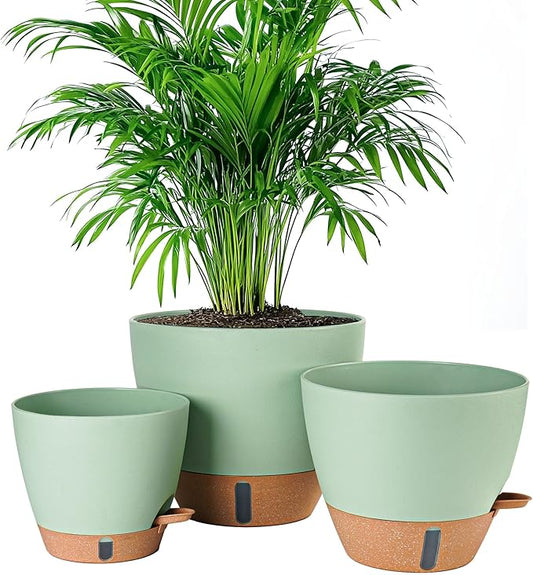 8/10/12 Inch Self Watering Pots for Indoor/Outdoor Plants - Large Plastic Planter with Drainage Holes, Water Level Indicator & Deep Reservoir, Modern Decorative Flower Pots (Green)
