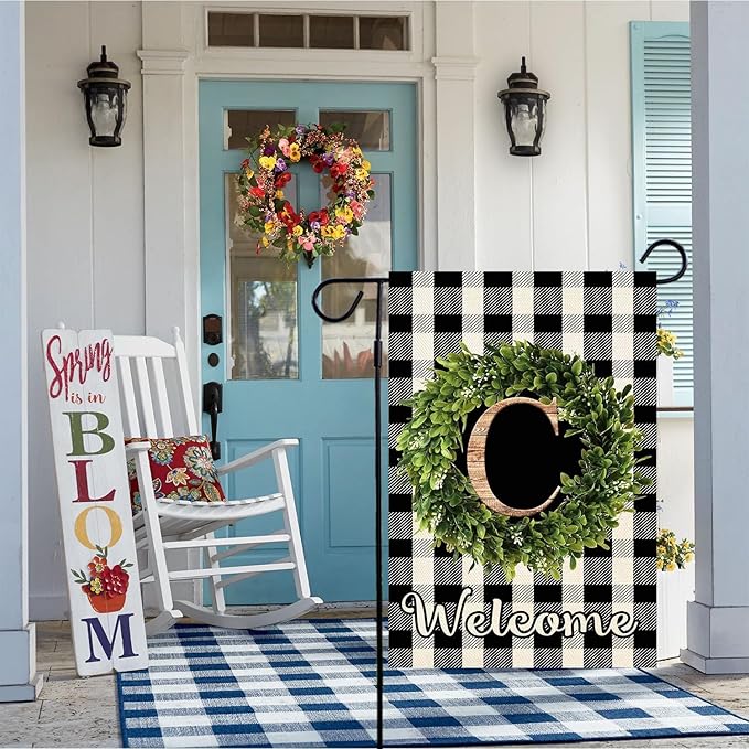 Baccessor Monogram Letter C Garden Flag 12.5 x 18 Inch, Buffalo Plaid Family Last Name Initial Boxwood Wreath Welcome Vertical Double Sided Small Flags for Outdoor Outside Decoration