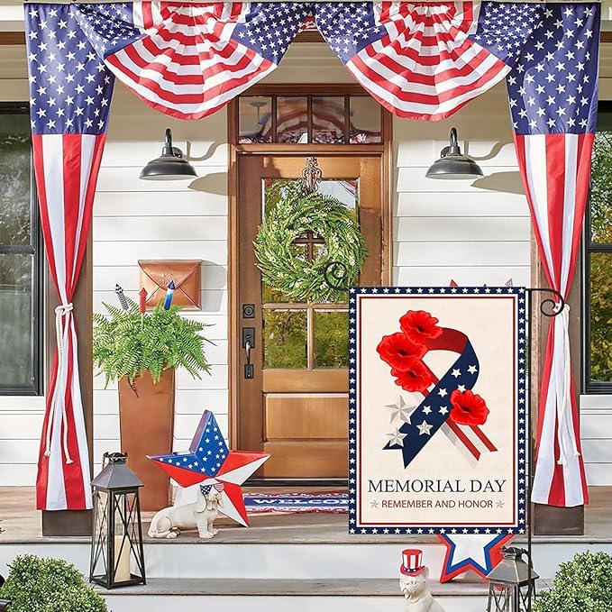 Memorial Day Garden Flag 12x18 Inch Double Sided Outside Remember and Honor Patriotic Flag for Stars and Stripes Ribbon Poppy for Veteran 4th of July Independence Day Yard Outdoor Decoration