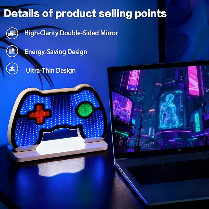 Gamepad Infinity Mirror Light, Gaming Room Decor LED Night Light with USB Power, 3D RGB Gaming Desk Decor for Gamer Bedroom, Teen Boy Room, Kids Gaming Setup, Cool Gamer Gifts,10.6"×6.7"