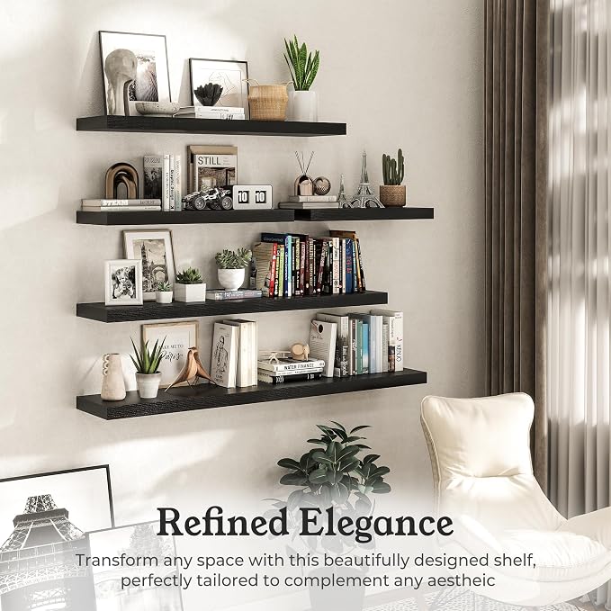 48" Black Floating Shelves Wood Wall Shelf, Black Color, Set of 1 | Wall Mounted Wood Shelves, For Bathroom, Bedroom, Living Room, Kitchen, Hanging Shelf for Books/Storage/Room Décor