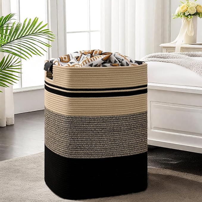 Laundry Hamper, 105L Tall Laundry Basket with Leather Handles, Rectangle Large Clothes Hamper for Organizing, Cotton Woven Laundry Baskets Storage Hampers for Bedroom, Nursery, Living Room