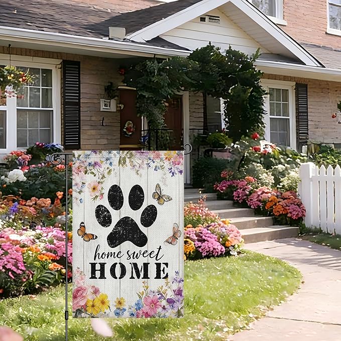 Heyfibro Spring Home Sweet Home Garden Flag 12x18 Inch Double Sided Floral Garden Flag Seasonal Small Paw Print House Flags for Outside Yard Farmhouse Spring Outdoor Decorations