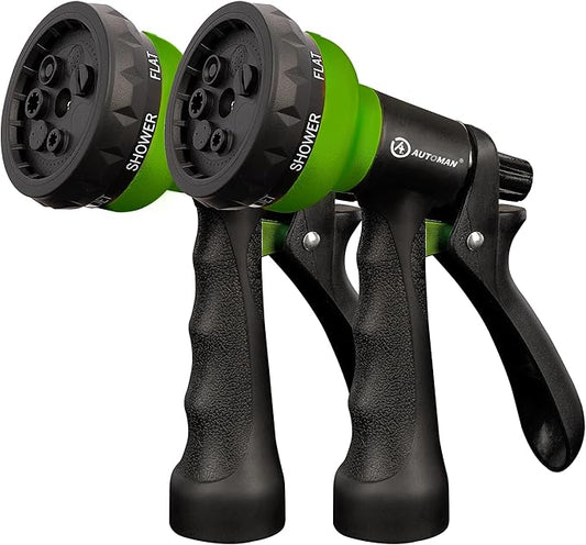 AUTOMAN-Garden-Hose-Nozzle, 2 Pack ABS Water Spray Nozzle with Heavy Duty 7 Adjustable Watering Patterns,Slip Resistant for Watering Plants,Lawn& Garden,Washing Cars,Cleaning,Showering Pets - Green