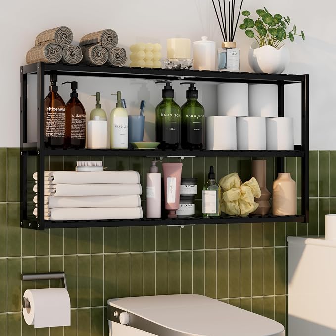 Extra Long Bathroom Organizer Storage Shelves 100% Bamboo Adjustable Height Over The Toilet Storage Floating Shelf for Wall Shower Shelf Can Placed in The Bathroom Kitchen Living Room for Multi Usage