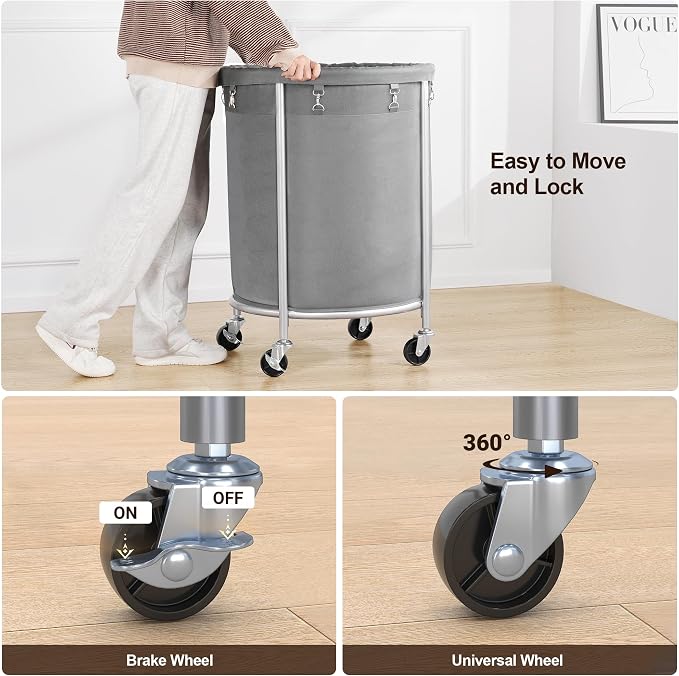 ELYKEN Laundry Basket with Wheels, Round Rolling Laundry Hamper, Gray