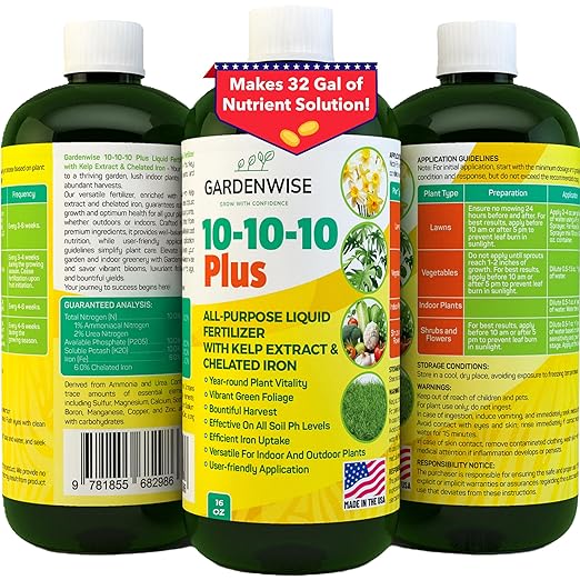 GARDENWISE 10-10-10 All Purpose Plant Food - Liquid Fertilizer with Seaweed Kelp & Iron - Indoor & Outdoor Plant Food, Vegetables, Flowers, Lawn & Garden 1x16 oz