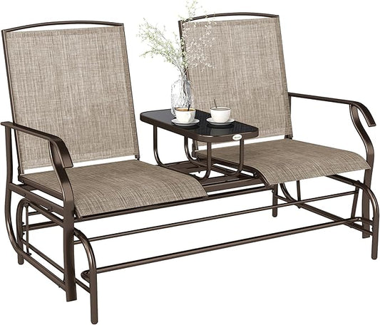 Outsunny Outdoor Glider Bench with Center Table, Metal Frame Patio Loveseat with Breathable Mesh Fabric and Armrests for Backyard Garden Porch, Brown