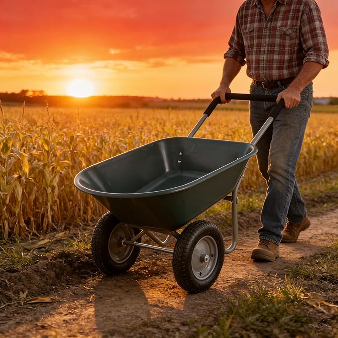 Steel Garden Cart, Heavy Duty Garden Wagons, Wheel Barrow Two Wheeled Trolley, Utility Metal Wagon with 15 inch Pneumatic Wheel(Green + ABS+Steel)