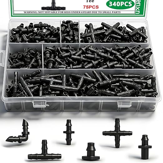 340PCS 1/4" Drip Irrigation Kit Barbed Connectors, Straight Barb, Tee, Single Barb, End Plug, Elbow, 4 Way Coupling Irrigation Fittings for Garden Lawn Flower Pot