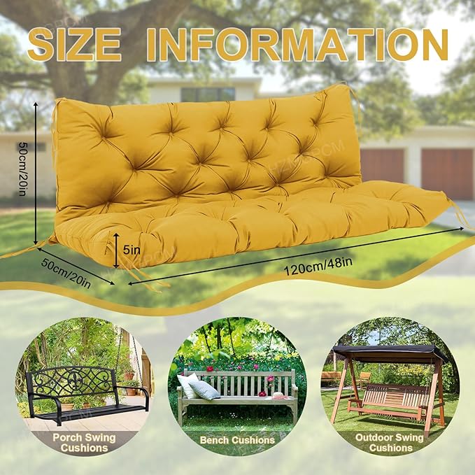 Premium 5"Thick Waterproof Outdoor Swing Cushions Sturdy Durable 2-3 Seat Replacement Porch Swing Cushions with Backrest&Ties Bench Cushion for Outdoor Furniture Backyard Patio(Yellow48x40in)