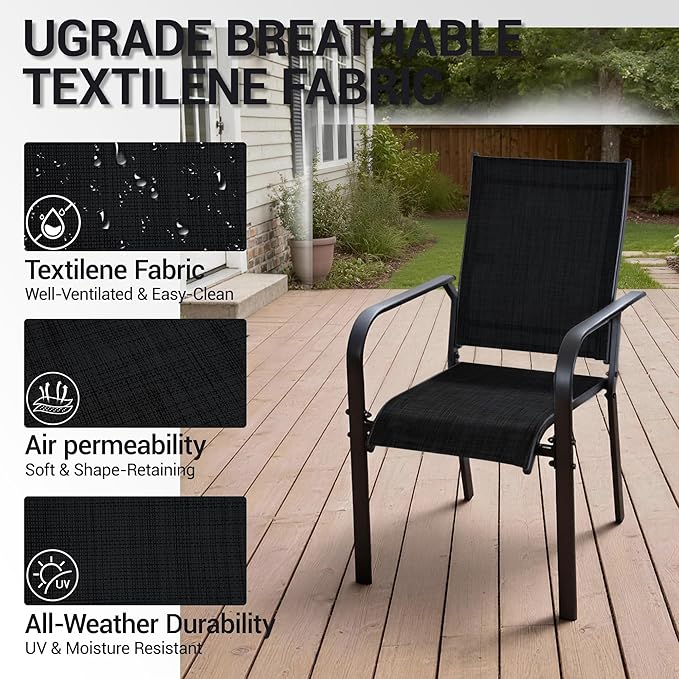 Patio Chairs Set of 8, Outdoor Dining Chairs High Back, All-Weather Padded Textilene Chair for Lawn Porch Garden, Black