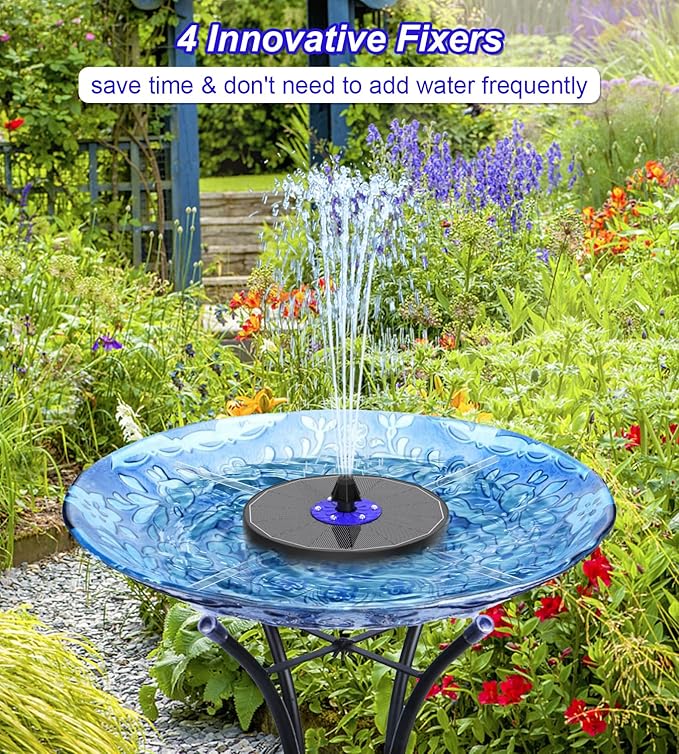 SZMP Solar Fountain 3.5W Floating Bird Bath Fountains with Blue Flower Upgraded Glass Panel with 7 Nozzle & 4 Fixer, Solar Water Fountain for Garden, Pond, Outdoor (Colorful)