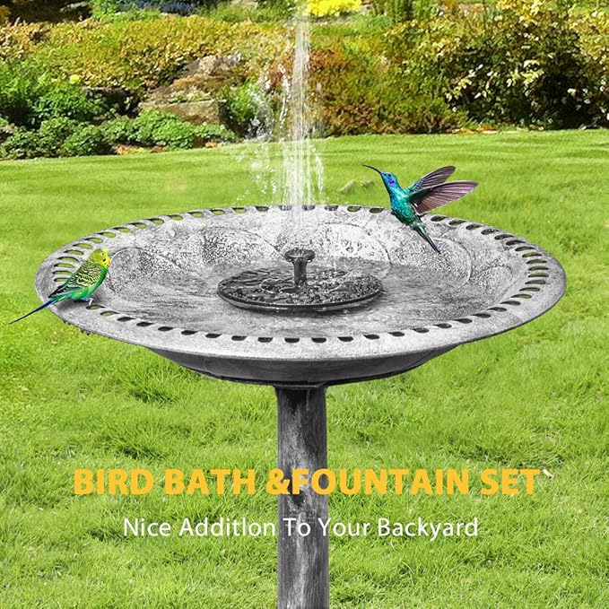 VIVOHOME Bird Bath with Solar Fountain for Outside, Polyresin Pedestal Bird Baths with Solar Powered Pump for Outdoor, Garden, Weather-Resistant Birdbaths with 20" Bowl, Gray