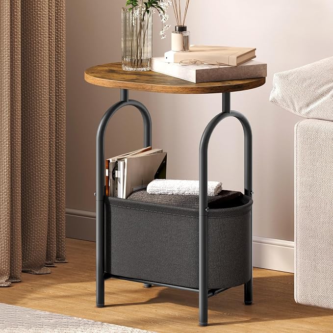 RALGEND Small Round Side Table with Fabric Basket Storage, Oval End Table for Small Spaces, Modern Coffee Bedside Table, Couch Side Table for Living Room, 15.7" X 11.8" X 24", Rustic Brown 8601BZBF