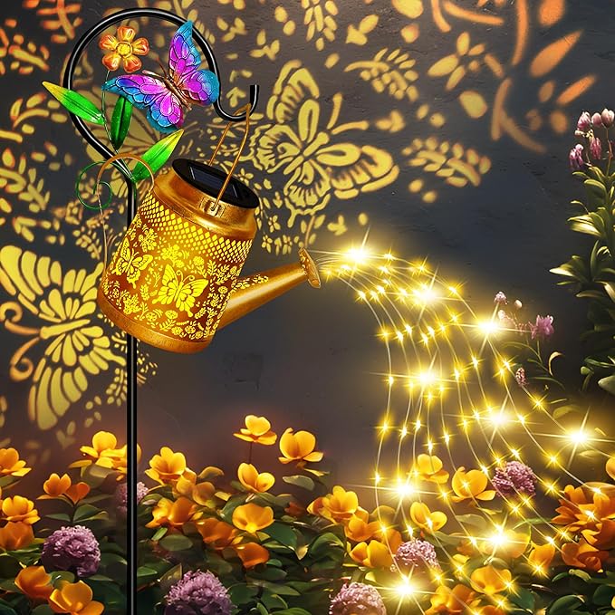 Solar Watering Can Lights Outdoor Garden Decor, Large Butterfly Hanging Lantern with Shepherd Hook, Waterproof Garden Lights for Outdoor Landscape Pathway Yard, Gift for Mom Grandma Mother Gifts