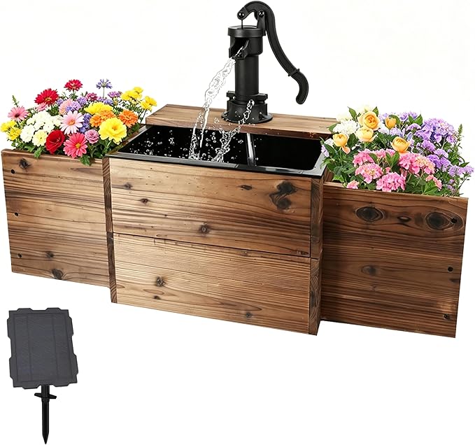 NestNature Outdoor Water Fountain,Floor Wooden Rectangular Pump Old-Fashioned Fountain with Flower Box, Solar-Powered Electric Decorative Hand Pump, Outdoor Water Feature for Garden Patio Backyard