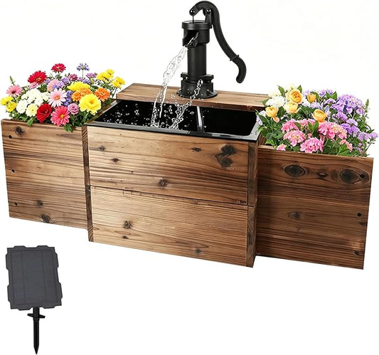 NestNature Outdoor Water Fountain,Floor Wooden Rectangular Pump Old-Fashioned Fountain with Flower Box, Solar-Powered Electric Decorative Hand Pump, Outdoor Water Feature for Garden Patio Backyard